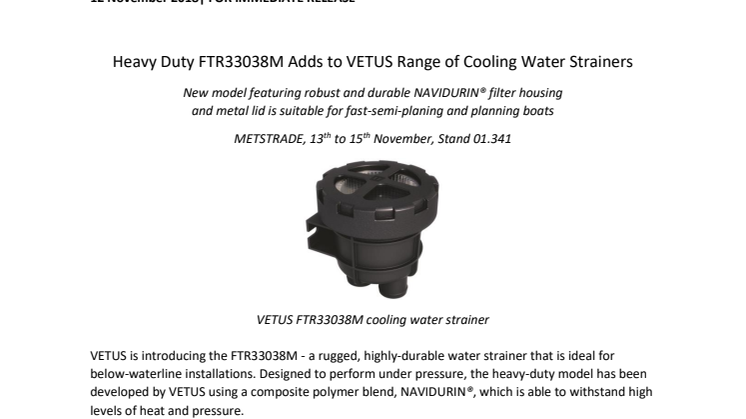 Heavy Duty FTR33038M Adds to VETUS Range of Cooling Water Strainers