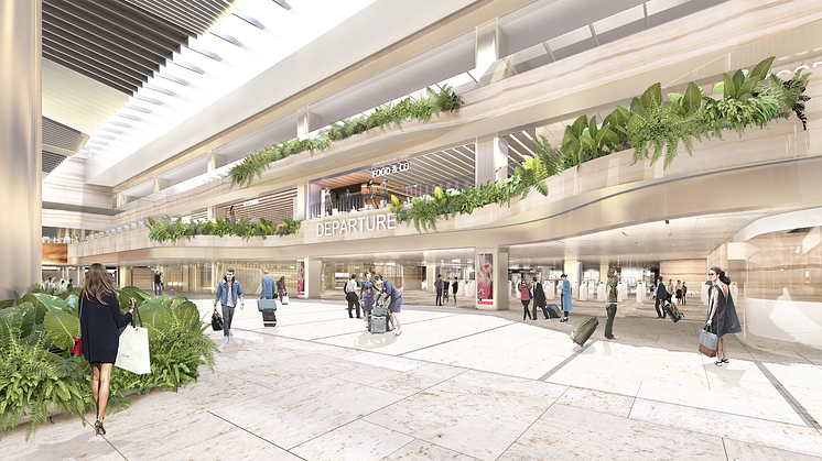 The revamped entrance to the T2 Departure Immigration Hall will be defined by layers of overhanging planters set against a new colour palette of earthy tones.  