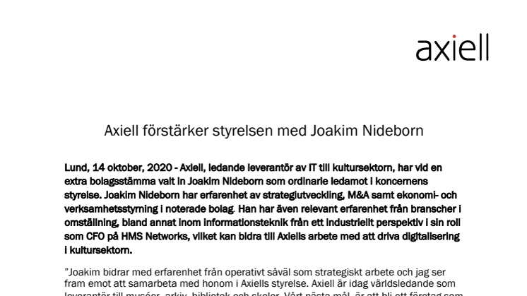 Axiell förstärker styrelsen med Joakim Nideborn
