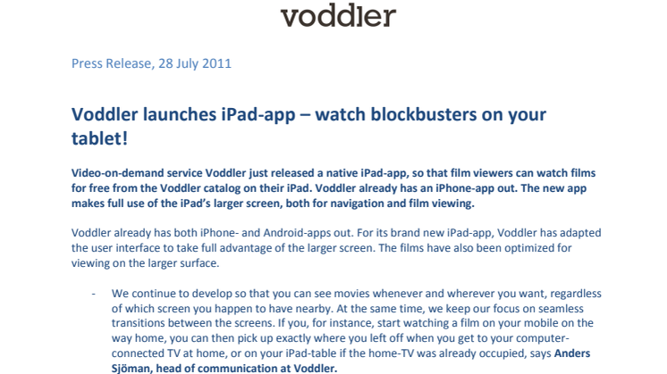 Voddler launches iPad-app – watch blockbusters on your tablet!