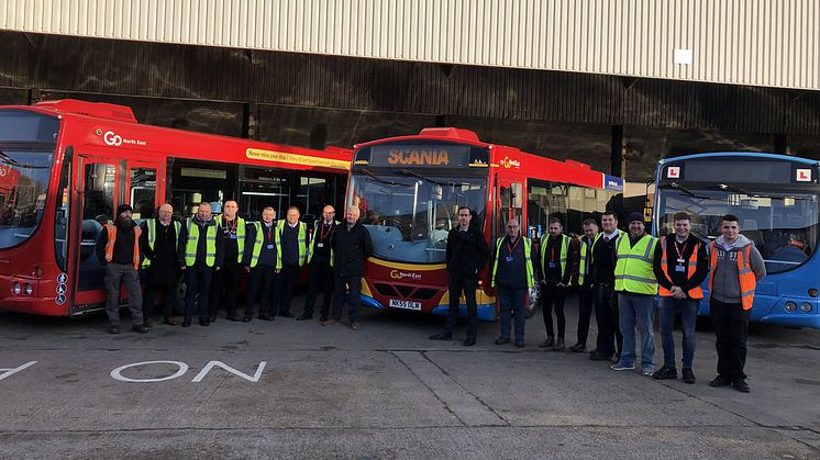 The Go North East team of event volunteers with Mark Oliver (L) and Martin West (R) of Scania GB