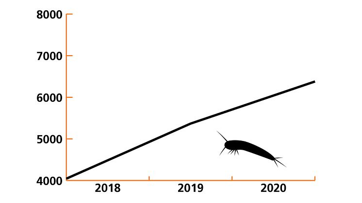 Diagrammet visar hur silverfiskärenden ökat i antal hos Nomor år 2018-2020. (Illustration: Nomor AB)