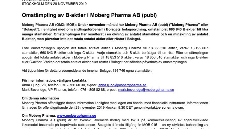 Omstämpling av B-aktier i Moberg Pharma AB (publ)