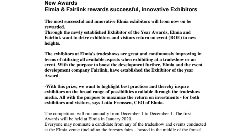 New Awards - Elmia & Fairlink rewards successful, innovative Exhibitors 