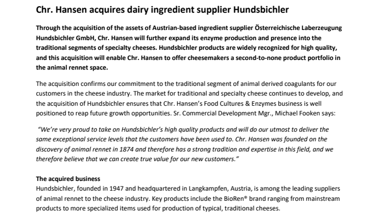 Chr. Hansen acquires dairy ingredient supplier Hundsbichler 