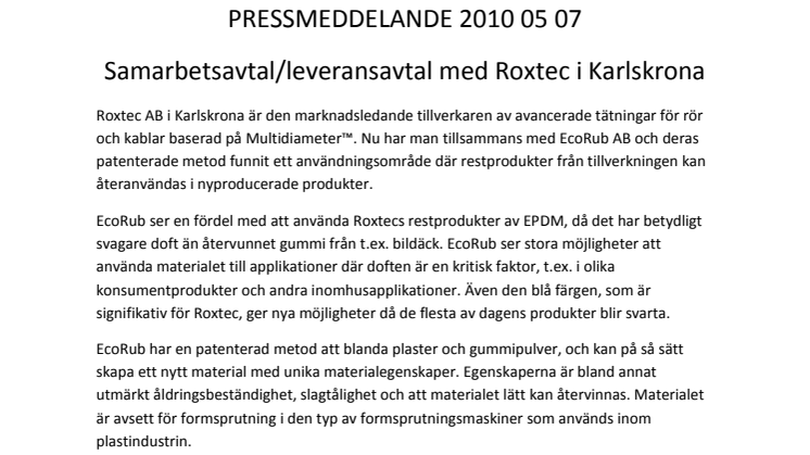 EcoRub: Samarbetsavtal/leveransavtal med Roxtec i Karlskrona