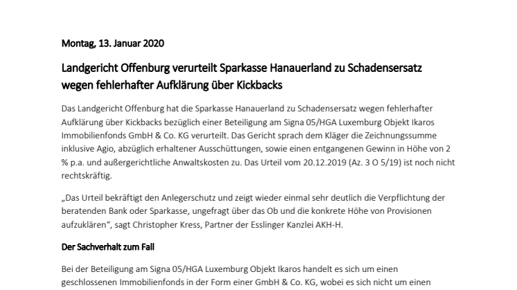 Landgericht Offenburg verurteilt Sparkasse Hanauerland zu Schadensersatz wegen fehlerhafter Aufklärung über Kickbacks
