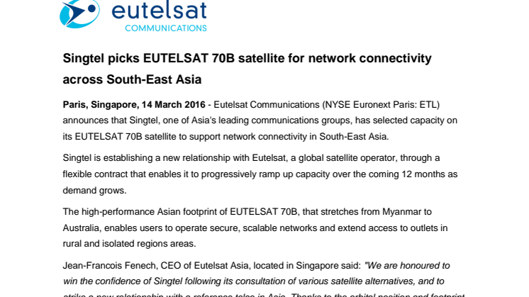 Singtel picks EUTELSAT 70B satellite for network connectivity across South-East Asia