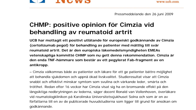 CHMP: positive opinion för Cimzia vid behandling av reumatoid artrit 