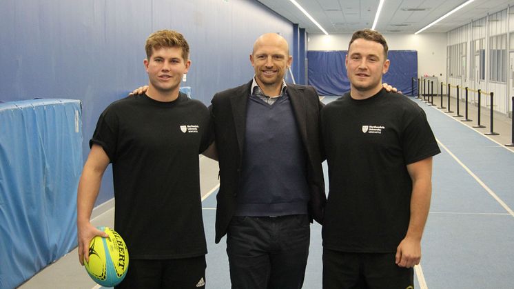 Northumbria's BUCS Super Rugby players Louis Musetti and Laurence Lilley meet Matt Dawson.