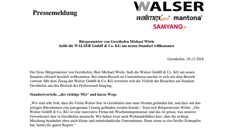 Bürgermeister von Gersthofen Michael Wörle heißt die WALSER GmbH & Co. KG am neuen Standort willkommen