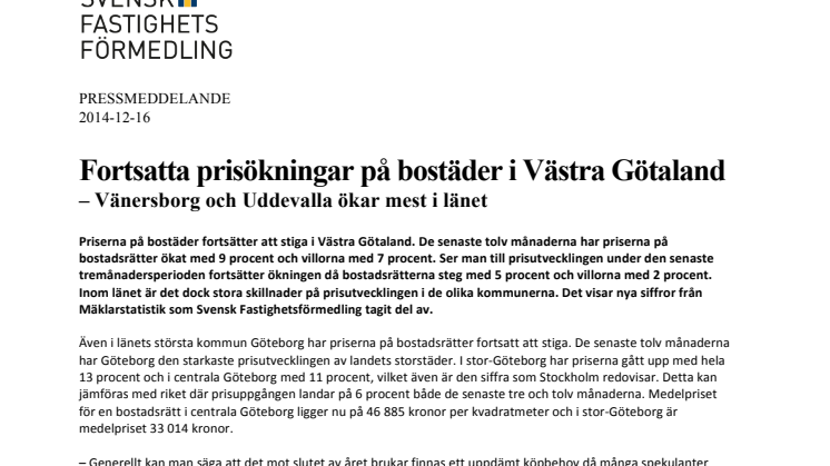 Fortsatta prisökningar på bostäder i Västra Götaland – Vänersborg och Uddevalla ökar mest i länet