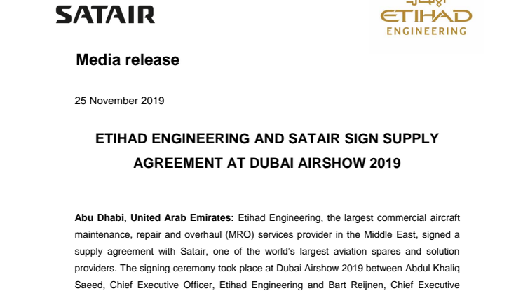 ETIHAD ENGINEERING AND SATAIR SIGN SUPPLY AGREEMENT AT DUBAI AIRSHOW 2019
