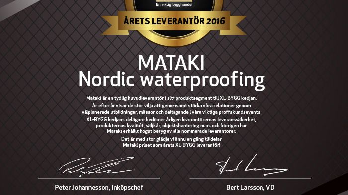 Årets XL-BYGG leverantör 2016 är Nordic Waterproofing (MATAKI)