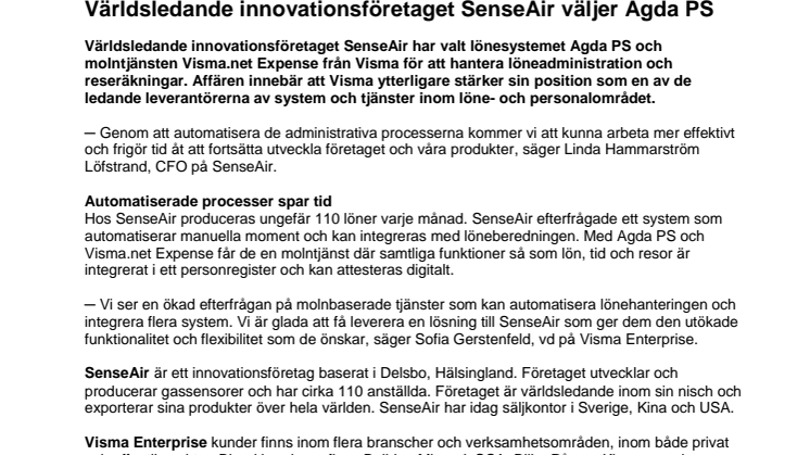 ​Världsledande innovationsföretaget SenseAir väljer Agda PS