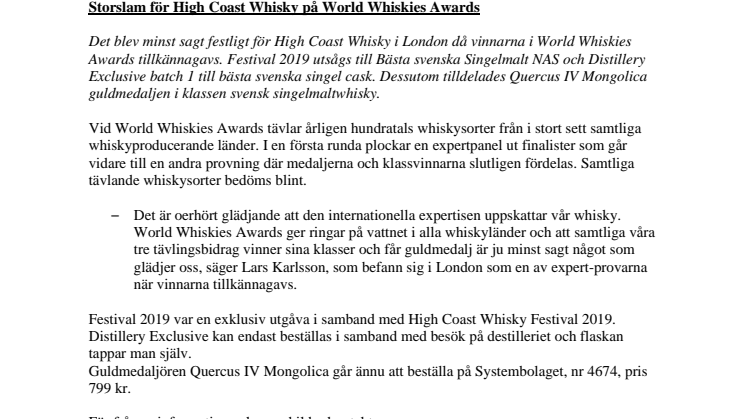 High Coast Whisky - Två katergorivinnare och ett guld på WWA 2020