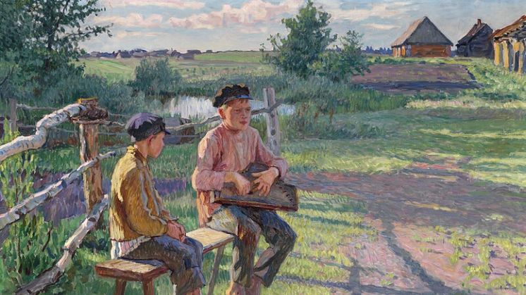 Nikolai Petrovich Bogdanoff-Belsky: Two boys on a bench, summer. Signed N. Bogdanoff-Belsky 1934. 80 x 100 cm. Sold for DKK 320,000 at Russian Auction this December.