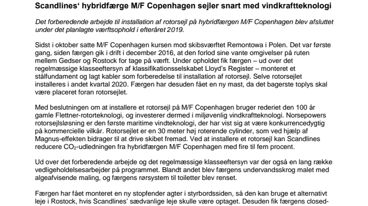 Scandlines‘ hybridfærge M/F Copenhagen sejler snart med vindkraftteknologi