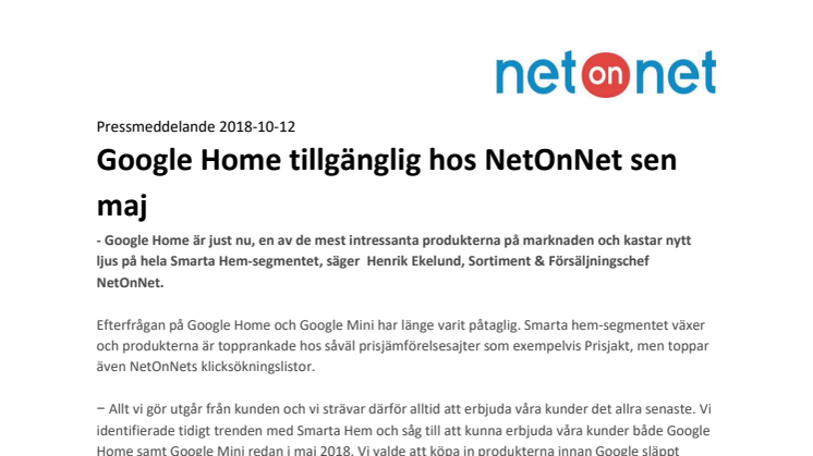 Google Home tillgänglig hos NetOnNet sen maj