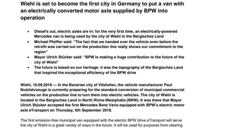 Wiehl is set to become the first city in Germany to put a van with an electrically converted motor axle supplied by BPW into operation
