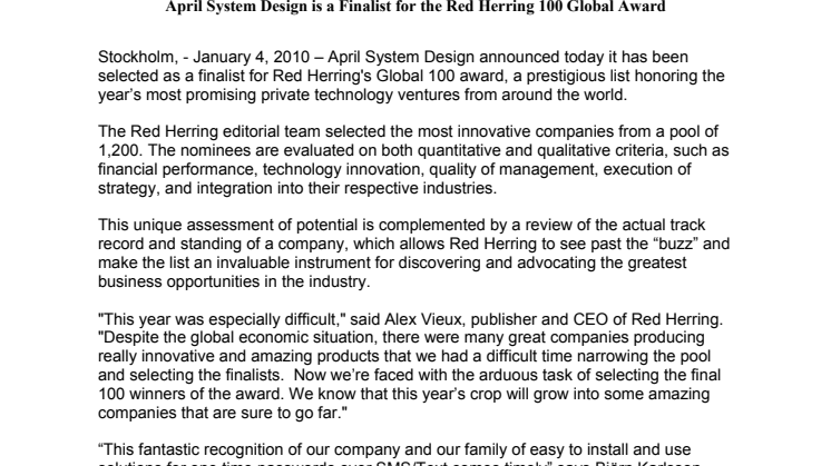 April System Design is a Finalist for the Red Herring 100 Global Award 
