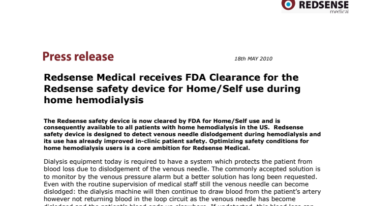 Redsense Medical receives FDA Clearance for the Redsense safety device for Home/Self use during home hemodialysis