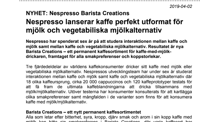 NYHET: Barista Creations - Nespresso lanserar kaffe perfekt utformat för mjölk och vegetabiliska mjölkalternativ 