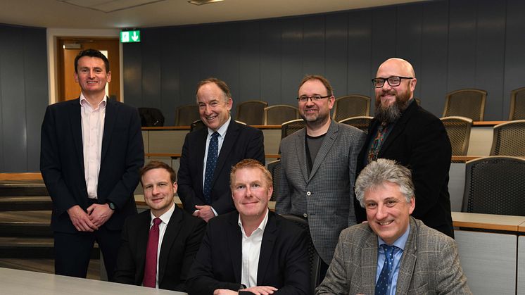 Back Row Left to Right: Gareth Harrison (Bank of England); Richard Swart (AMF Chair); Dr Adrian Small (Northumbria); Arthur Hodgson (AMF). Front row l-r: Stephen Wood (Schroders); Alistair Wilson (Azets); Professor Alan Reed, Northumbria