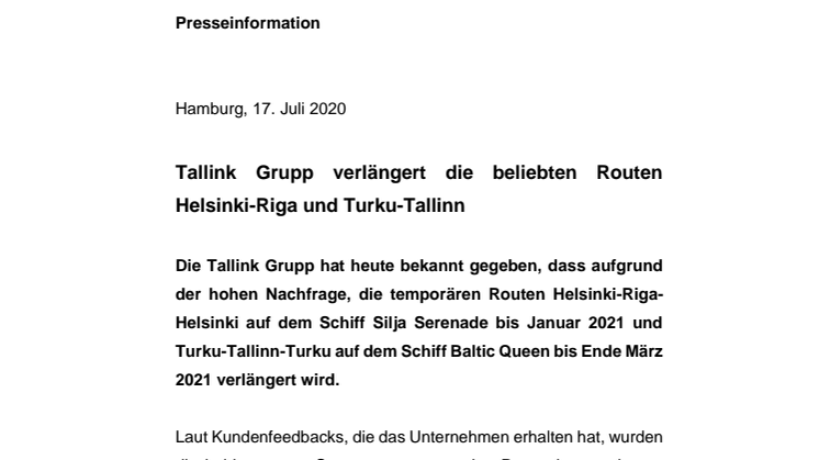  Tallink Grupp verlängert die beliebten Routen Helsinki-Riga und Turku-Tallinn