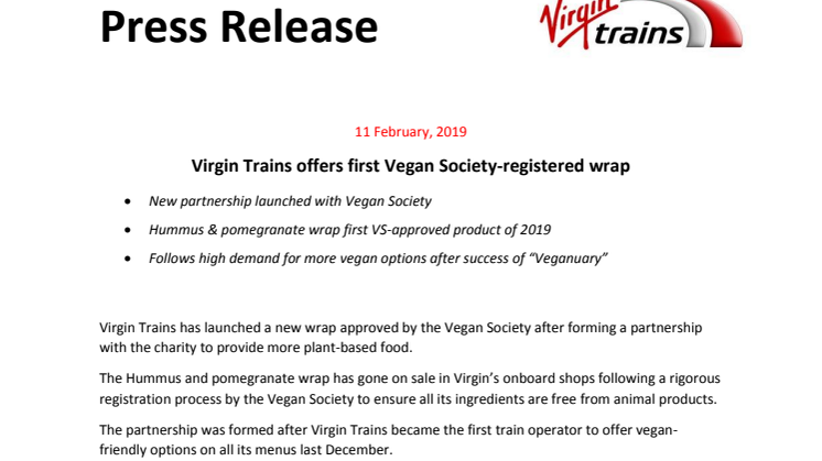 Virgin Trains offers first Vegan Society-registered wrap
