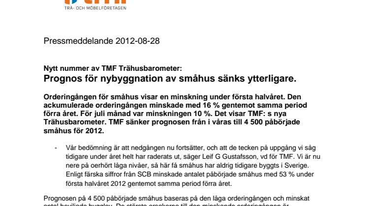 Nytt nummer av TMF Trähusbarometer: Prognos för nybyggnation av småhus sänks ytterligare.