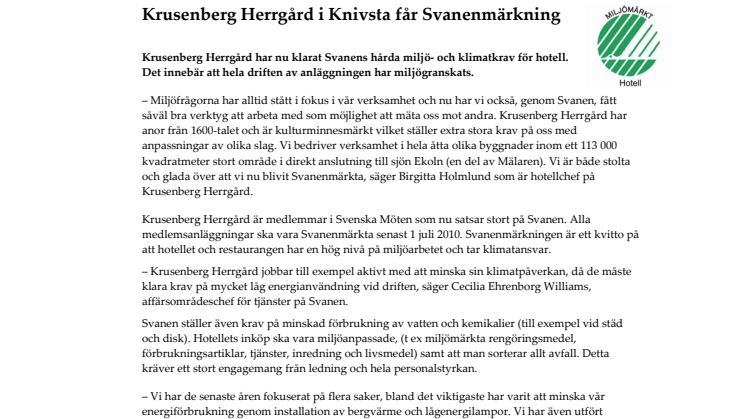 Krusenberg Herrgård Svanenmärkt!