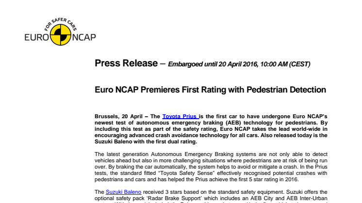 Euro NCAP Premieres First Rating with Pedestrian Detection