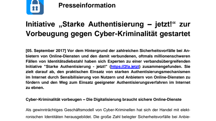 Initiative „Starke Authentisierung – jetzt!“ zur Vorbeugung gegen Cyber-Kriminalität gestartet  