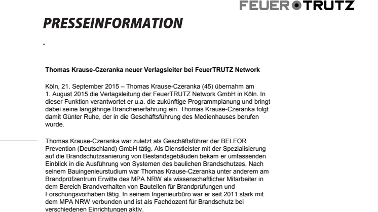 Thomas Krause-Czeranka neuer Verlagsleiter bei FeuerTRUTZ Network