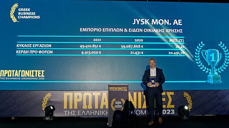 Ο Sandor Szimeiszter, Country Director JYSK Ελλάδας παραλαμβάνει το βραβείο Greek Business Champions