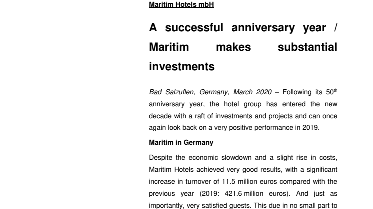 A successful anniversary year / Maritim makes substantial investments  