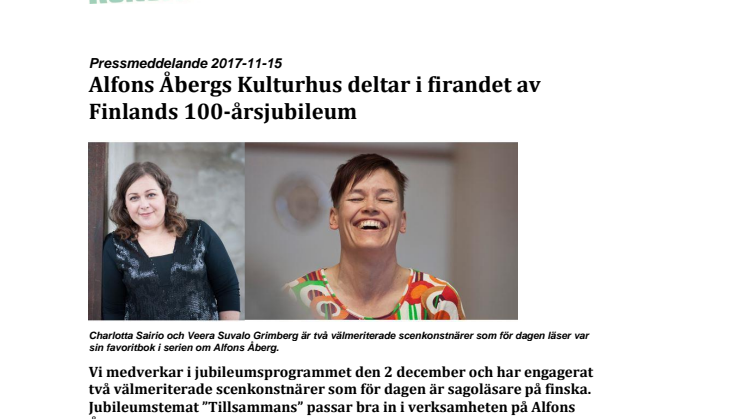 Alfons Åbergs Kulturhus deltar i firandet av Finlands 100-årsjubileum