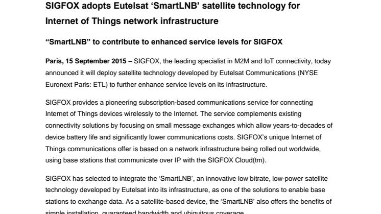 SIGFOX adopts Eutelsat ‘SmartLNB’ satellite technology for Internet of Things network infrastructure