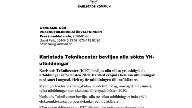 Karlstads Teknikcenter beviljas alla sökta YH-utbildningar