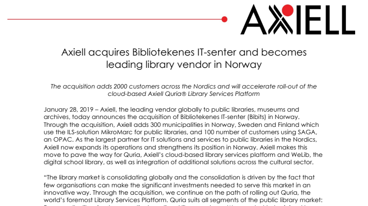 Axiell acquires Bibliotekenes IT-senter and becomes leading library vendor in Norway