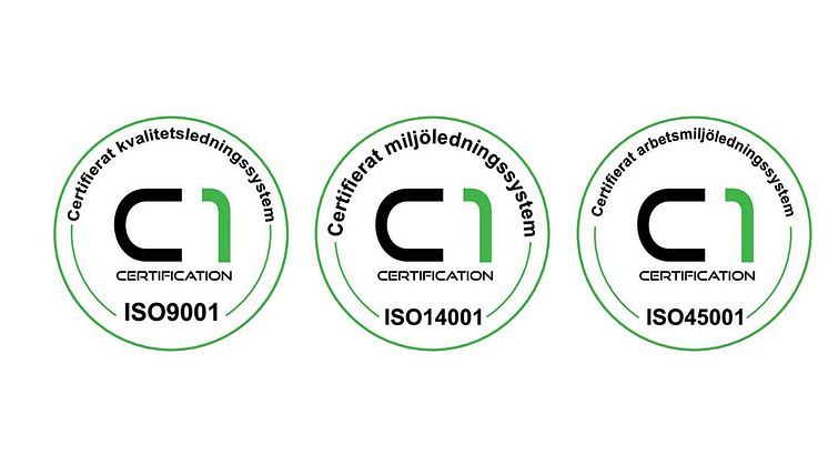 Maskinia är nu certifierade enligt ISO9001, ISO14001 och ISO45001