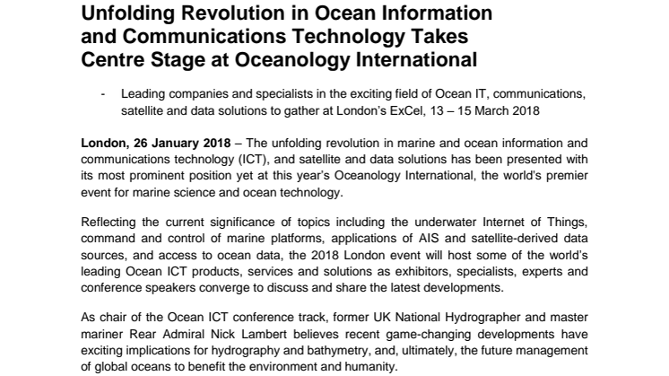 Unfolding Revolution in Ocean Information  and Communications Technology Takes  Centre Stage at Oceanology International