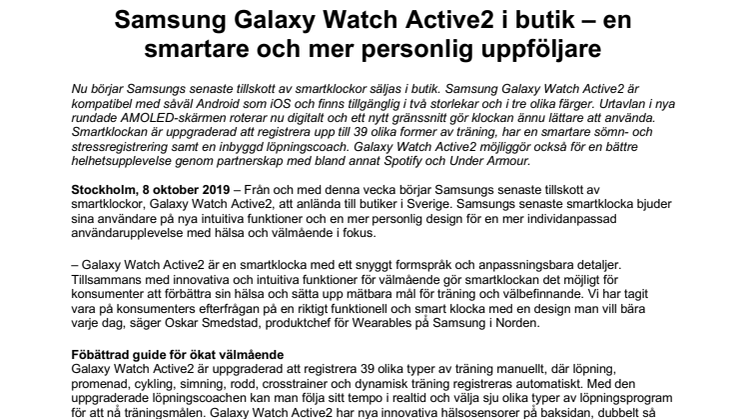 Samsung Galaxy Watch Active2 i butik – en smartare och mer personlig uppföljare