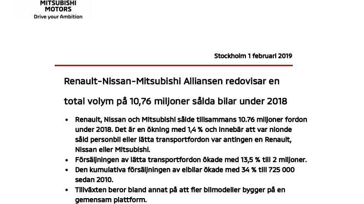   Renault-Nissan-Mitsubishi Alliansen redovisar en    total volym på 10,76 miljoner sålda bilar under 2018