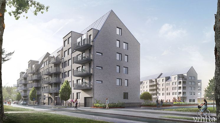 Visionsbild för ÖrebroBostäders nya bostadshus med tillhörande förskola i södra Ladugårdsängen i Örebro.