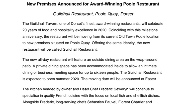 New Premises Announced for Award-Winning Poole Restaurant