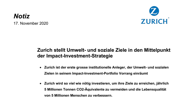Zurich stellt Umwelt- und soziale Ziele in den Mittelpunkt der Impact-Investment-Strategie