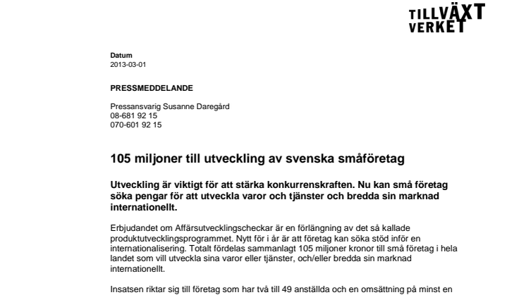 105 miljoner till utveckling av svenska småföretag
