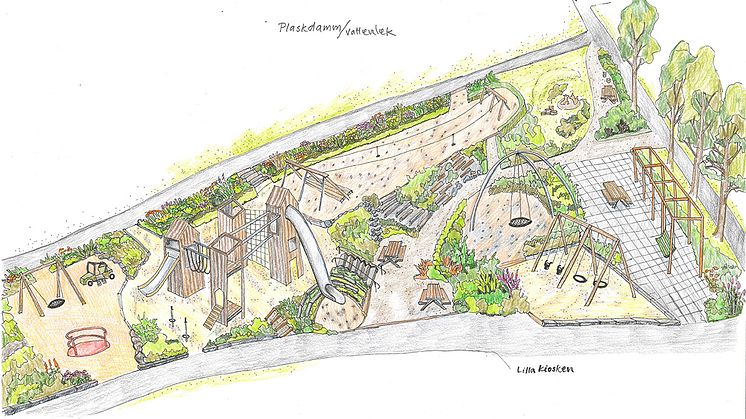 Lekplatsen i Stadsparken byggs om och planeras vara klar till hösten 2023. Illustration: Örebro kommun